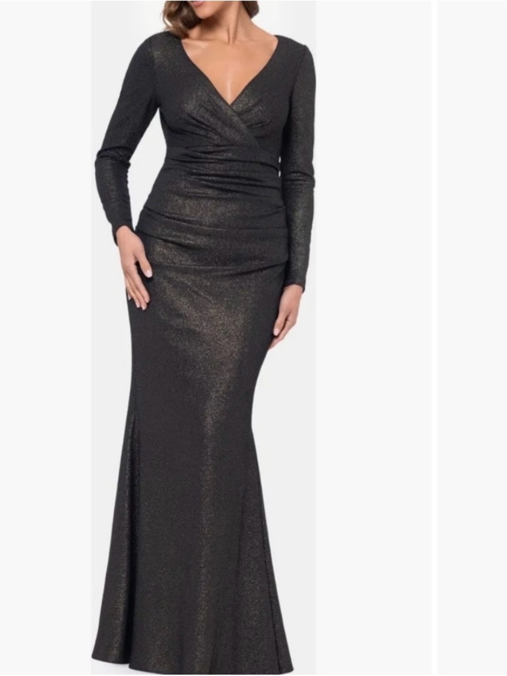 Xscape Long Sleeve Metallic Ruched Gown Evenings Size4